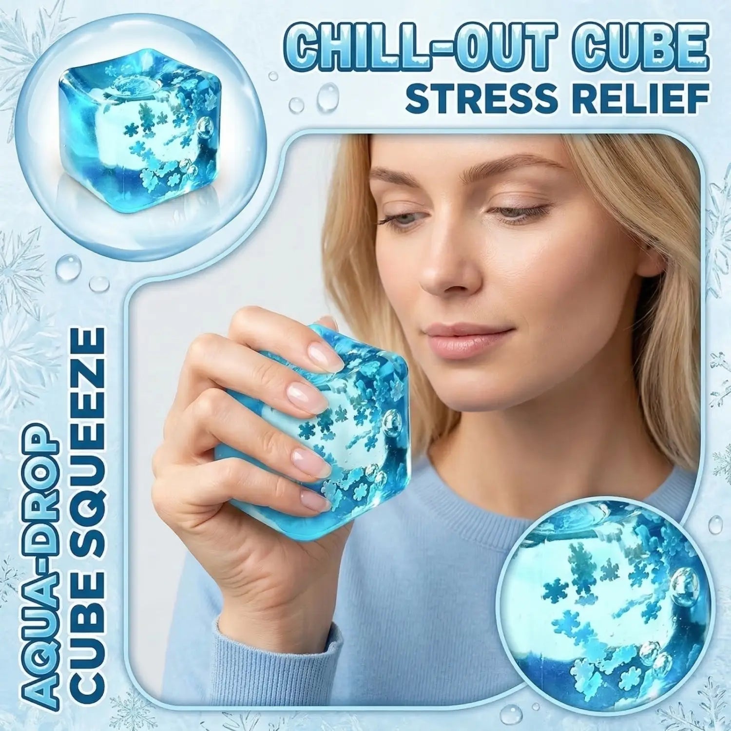 blauer durchscheinender Malzzucker-Entspannungs-Quetschspielzeug mit eingebetteten Schneeflocken-Designs, die wie Wassertropfen zur Stresslinderung wirken