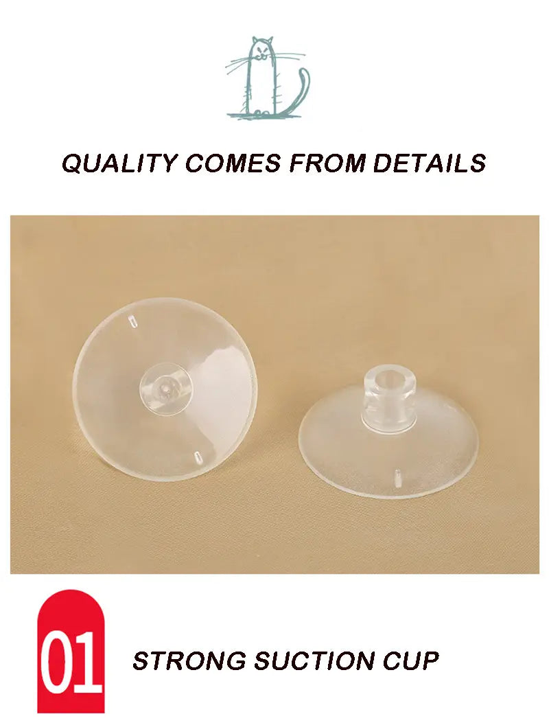 Ventouses en plastique transparentes avec tige centrale et base circulaire, conçues pour une adhérence solide dans un accessoire de hamac pour chat.