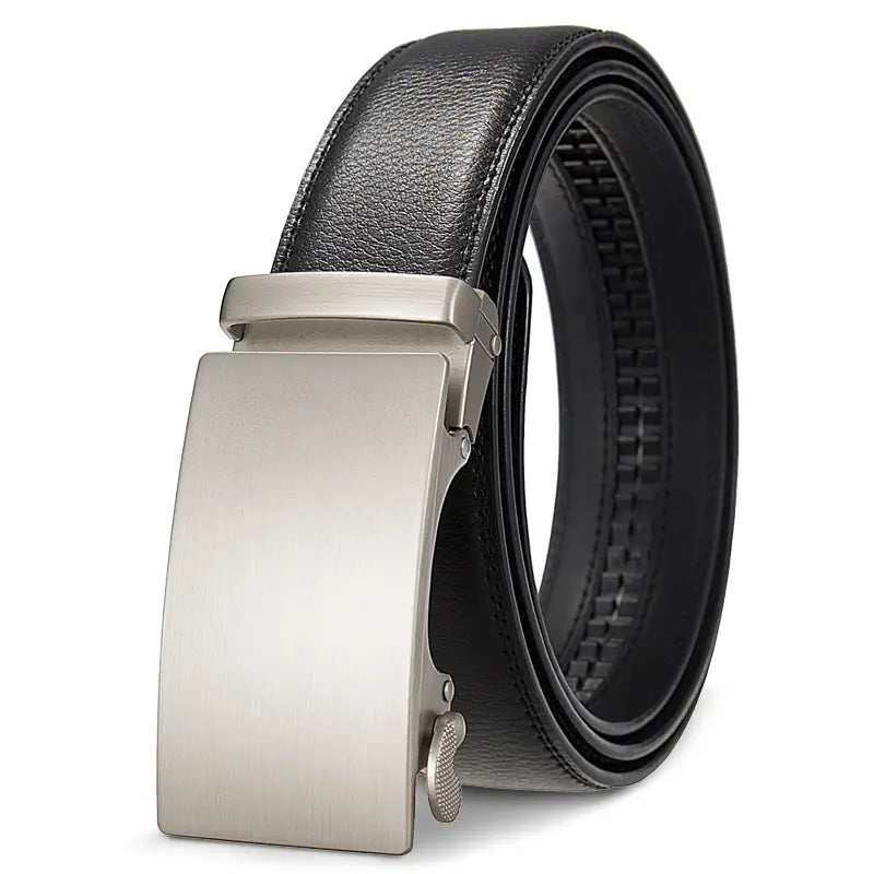Black leather ratchet belt for men with a sleek silver-toned automatic buckle.