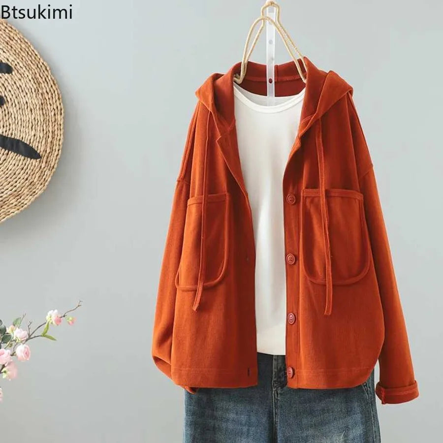 New Women's Casual Loose Hoodies Solid Color Cotton Simple Coats Spring Autumn Double Pockets Hooded Jackets Women Sweatshirts
