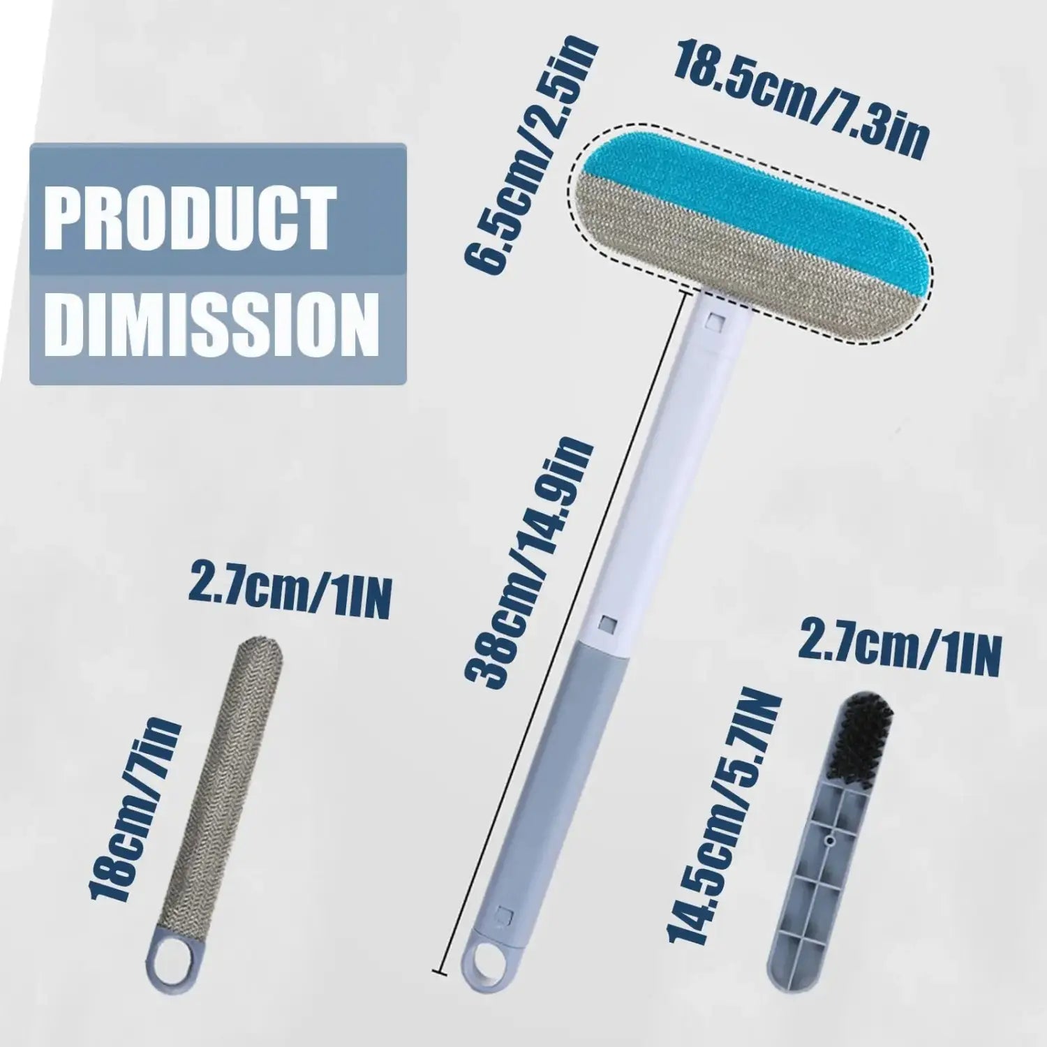 Reusable pet hair remover brush with blue and gray dual-sided bristles and a white handle for removing pet hair from furniture and carpets.