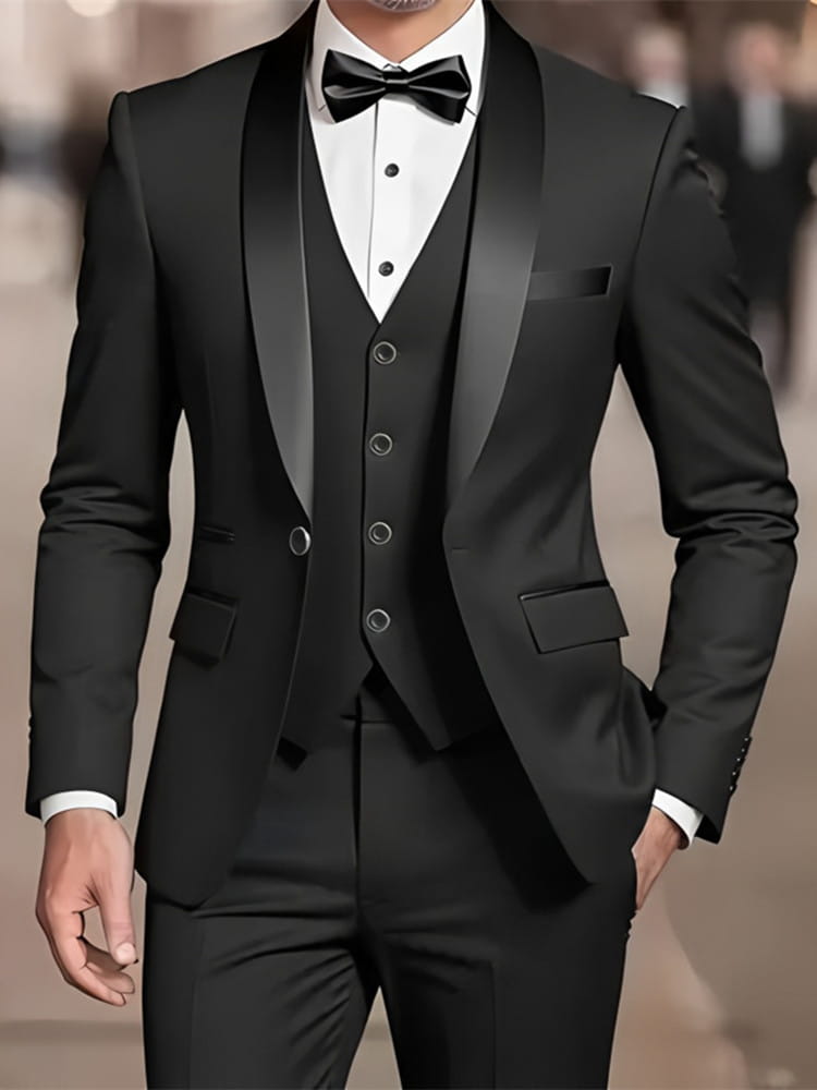 Smoking noir avec revers en satin et gilet assorti, présentant un design à coupe ajustée et un type de fermeture simple.