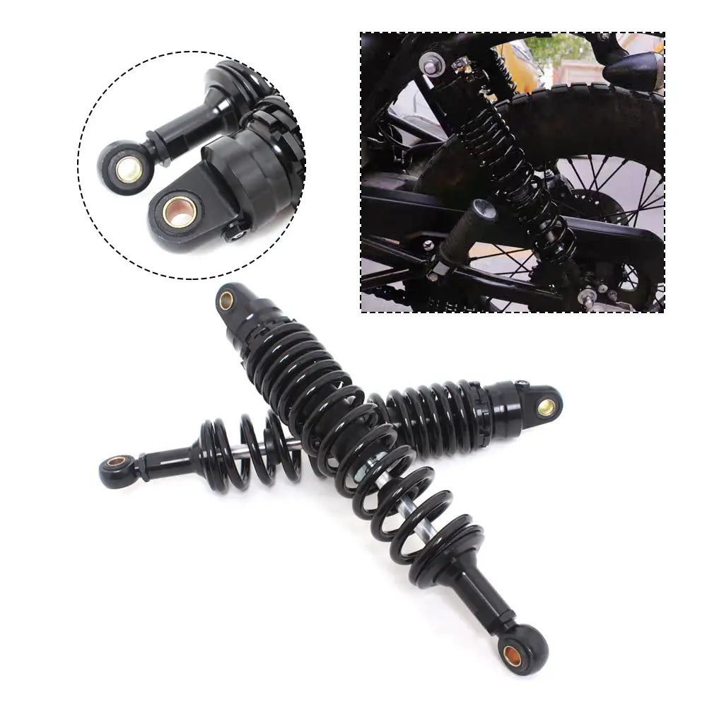 360mm motorcycle rear shock absorbers pair universal black with coiled springs and metallic fittings shown from the back side.