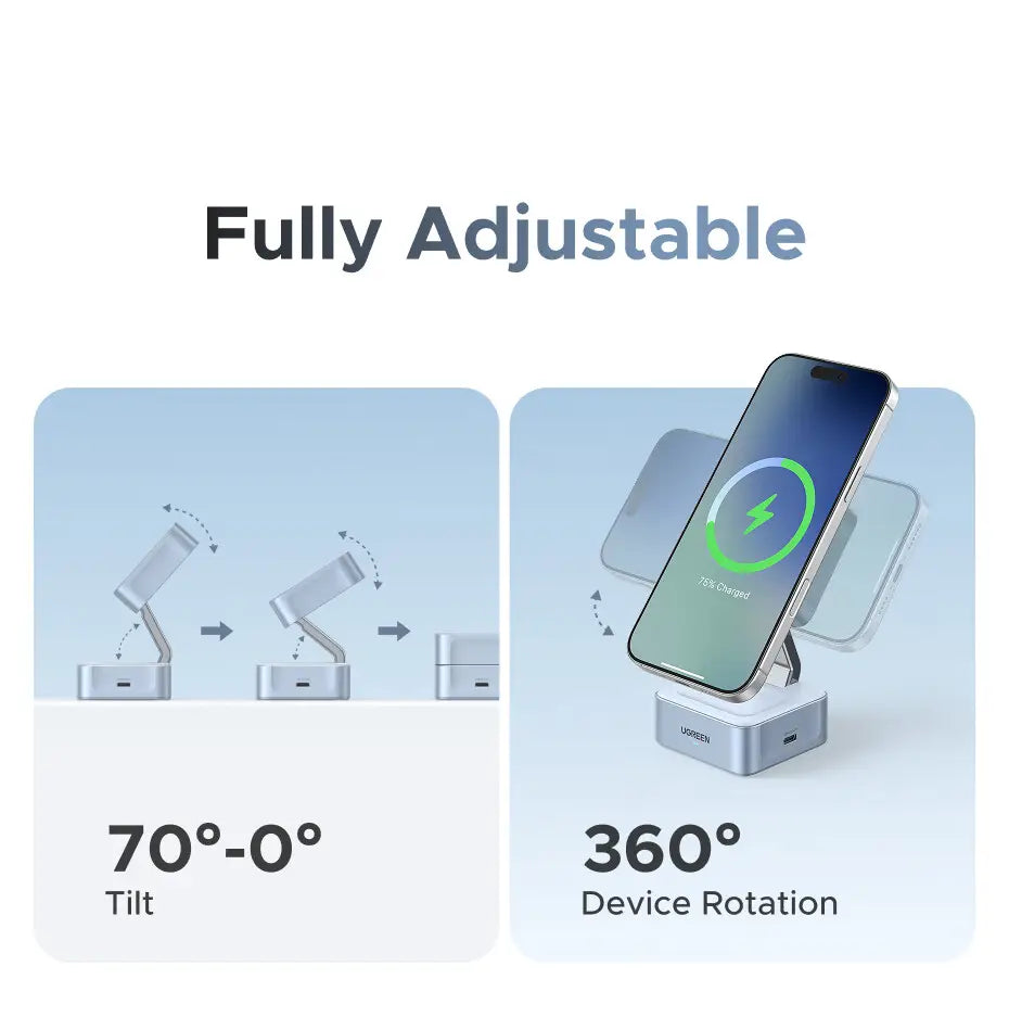 Silberner Ugreen magnetischer kabelloser Ladegeräte-Ständer mit verstellbarer Neigung und 360-Grad-Drehung für eine optimale Positionierung des Telefons, entwickelt für iPhone.