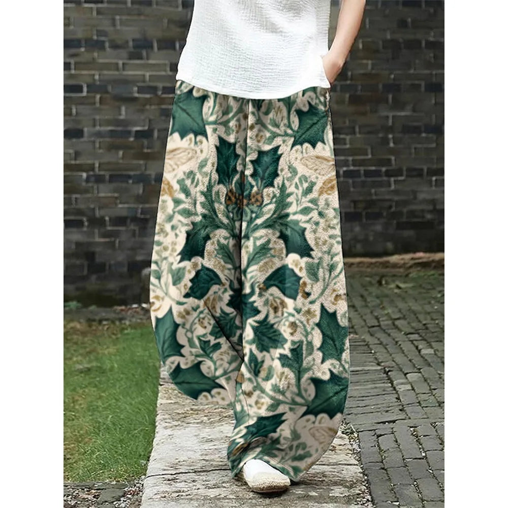 Women's Bohemian Wide Leg Pants Vintage Blue Leaf Art Print Loose Casual Trousers Boho Chic Comfortable Daily Wear Pants