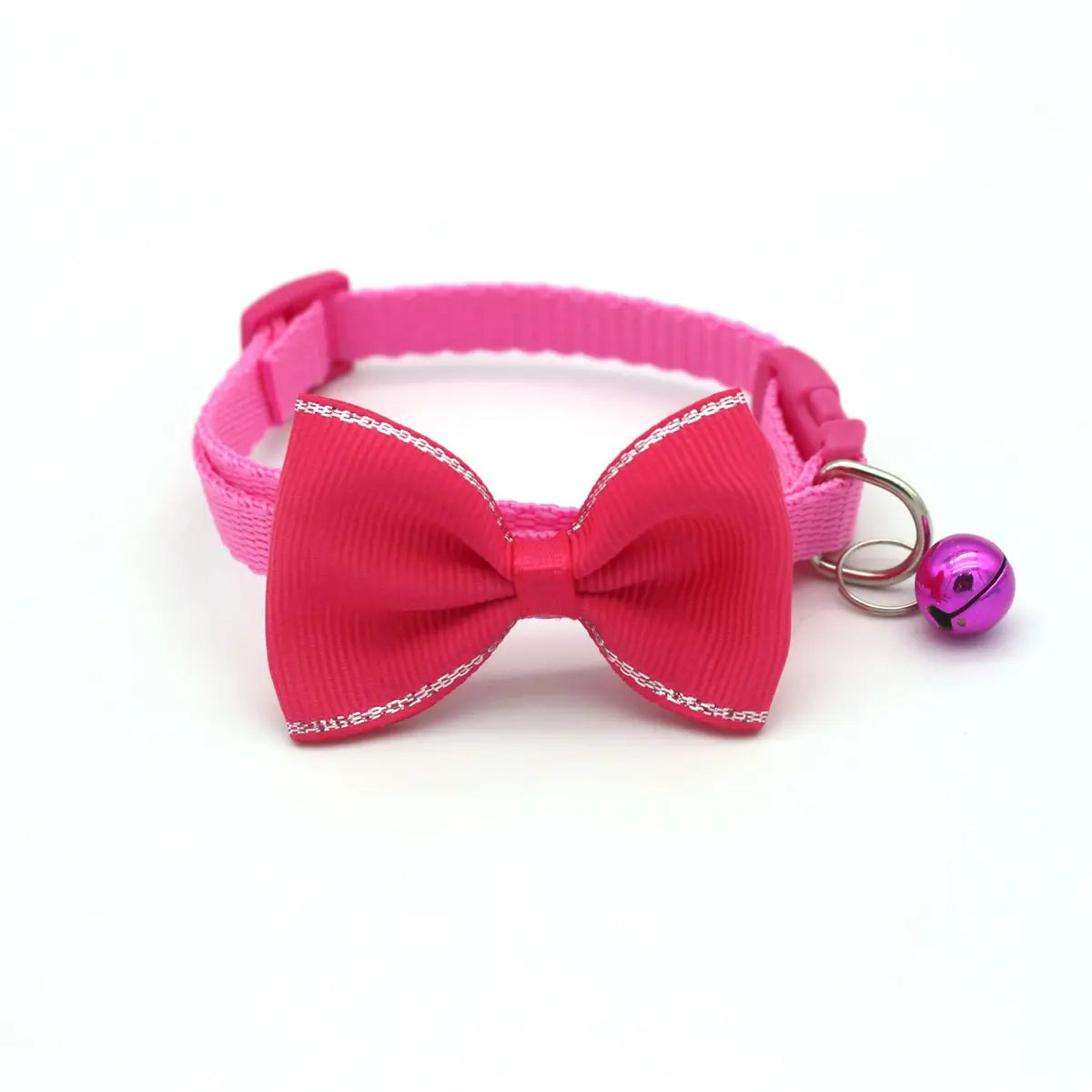 Pink ribbon bow tie cat collar set with matching pink adjustable strap and shiny purple bell designed for multicolor use.