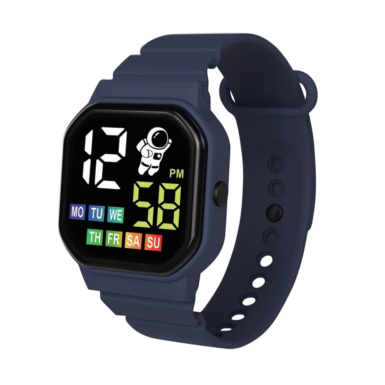 Navy blue kids astronaut led digital watch with astronaut graphic on the screen and colorful day of week indicators in a white adjustable band.