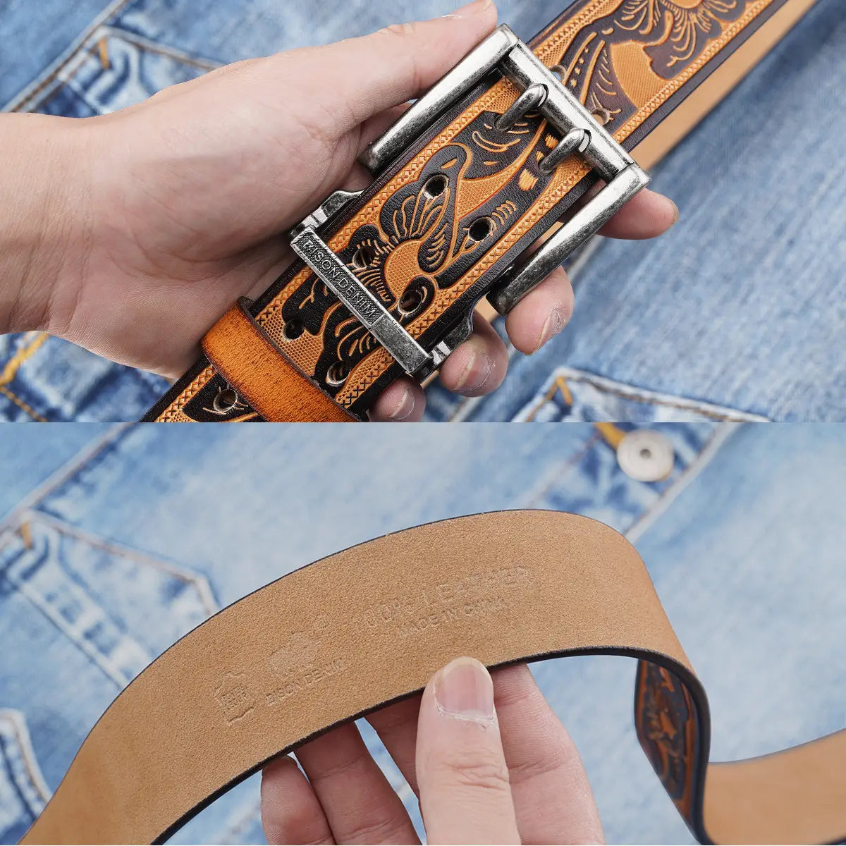 Ceinture western vintage pour homme en cuir véritable, couleur orange, avec des motifs floraux gaufrés noirs complexes et une boucle métallique à la finition argentée.
