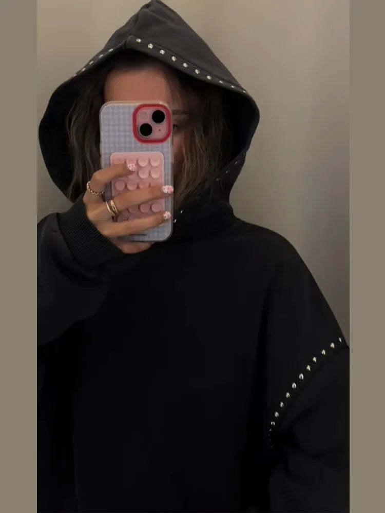 Women's Black Sweatshirt jacket Fashion Cool Casual Loose Long Sleeve Beaded Hoodie Trend Coat 2025 Autumn Lady Commute Outwear