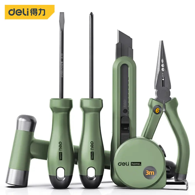 Olive green deli multitool hand repair tool kit featuring a 3m tape measure with black and silver accents.