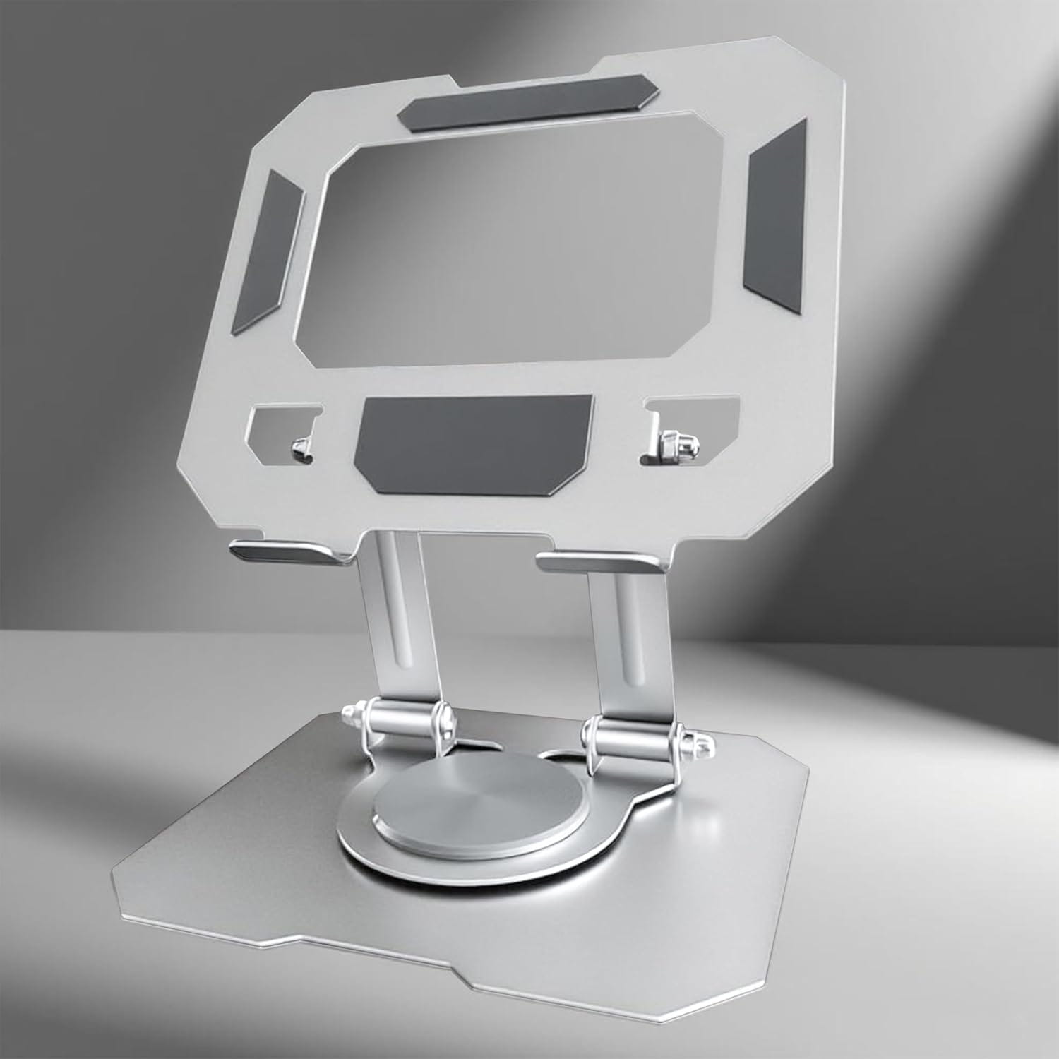 Silver metallic tablet stand with sleek angular design and adjustable height for ipad pro 360 degrees rotatable holder