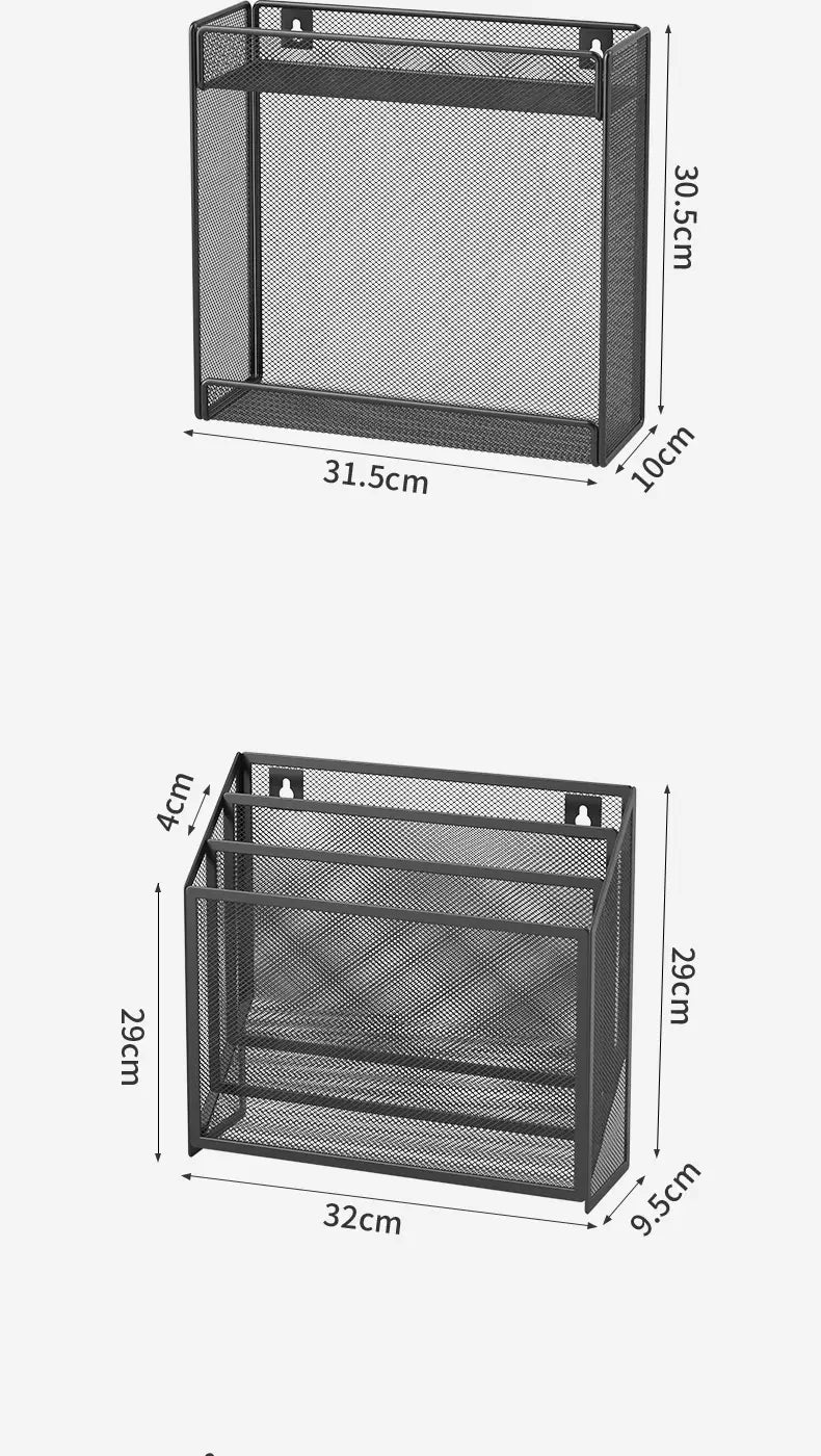 black mesh wall-mounted document organizer with three compartments and metal frame for efficient file storage