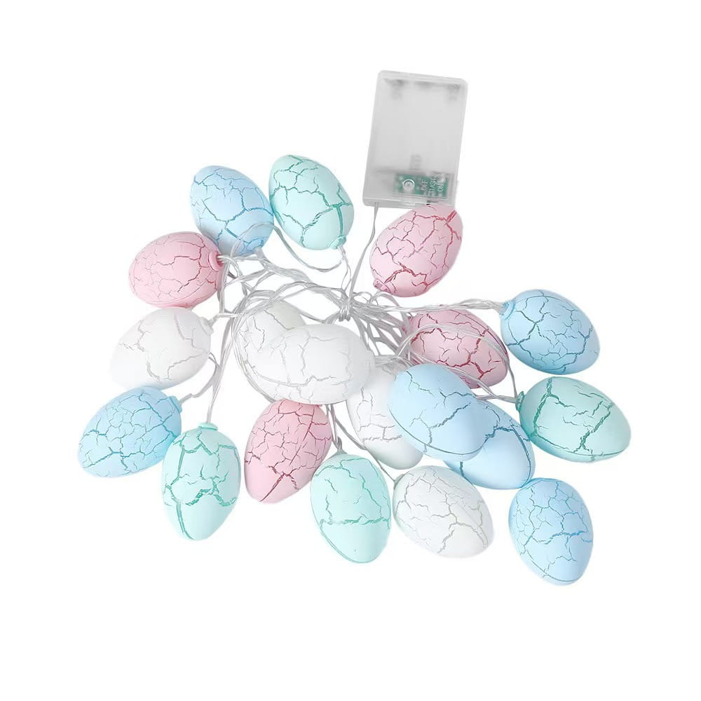 pastel-colored egg-shaped string lights with a cracked porcelain finish paired with 35cm straw Easter rabbit figurines set for festive decoration.