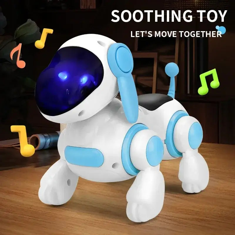 発光する紫色のバイザーを備えた白色および淡い水色のロボット電子犬。リモコン操作による犬のスタント歩行およびダンスのおもちゃとしての機能が設計されています。
