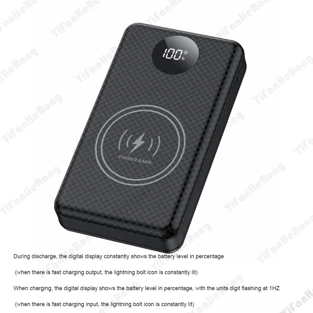 Schwarzes, strukturiertes Powerbank-Gehäuse für 6 18650-Batterien mit einem runden digitalen Display, das 100 Prozent und ein Blitzsymbol anzeigt und die Schnellladefähigkeit verdeutlicht