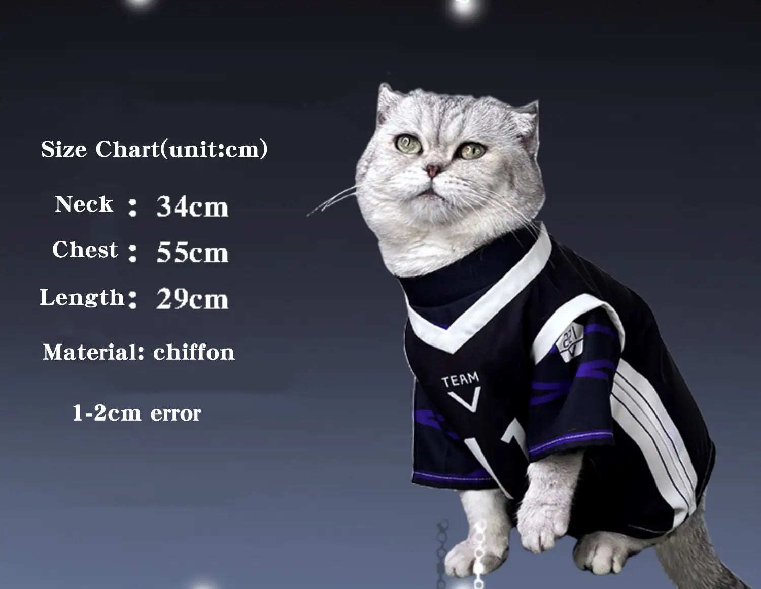 jersey de gato de gasa color negro y blanco con acentos morados y logotipo de equipo v en la parte frontal, diseñado como parte del mono del disfraz de cosplay de mascota Nagi Seishiro.