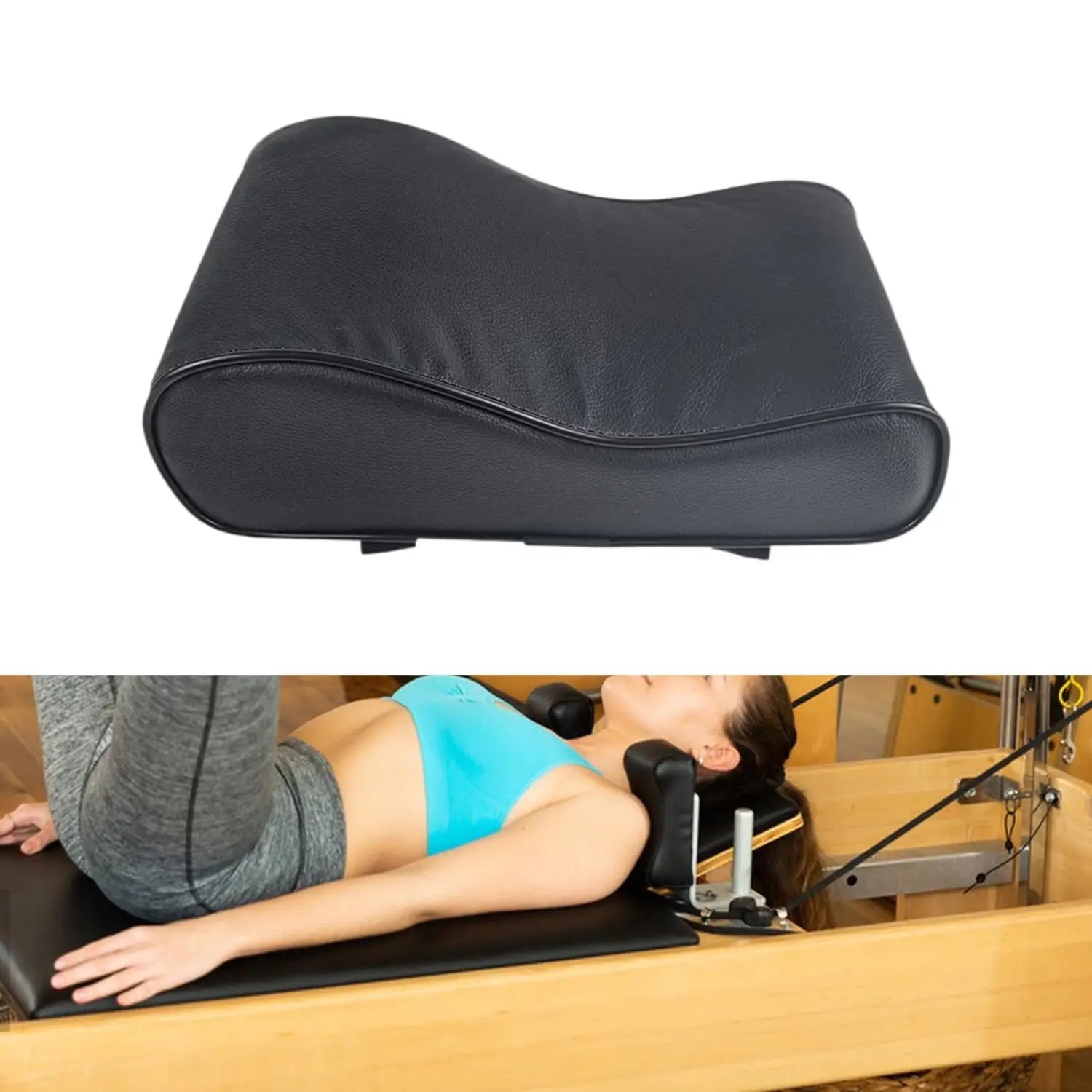 Black leather-like neck support pillow designed for pilates reformer providing comfortable neck support.