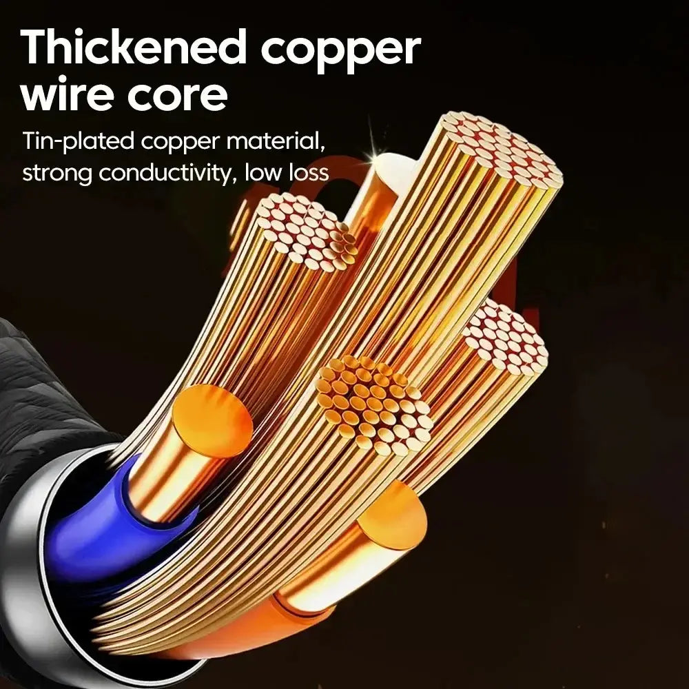240W USB-C急速充電ケーブルのLEDディスプレイにおける、厚みのある銅線芯にスズメッキ仕上げを施し、強い導電性と低損失を確保します。