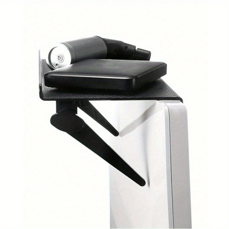 adjustable screen top storage shelf monitor stand with black carbon fiber textured foldable shelf and sleek modern design