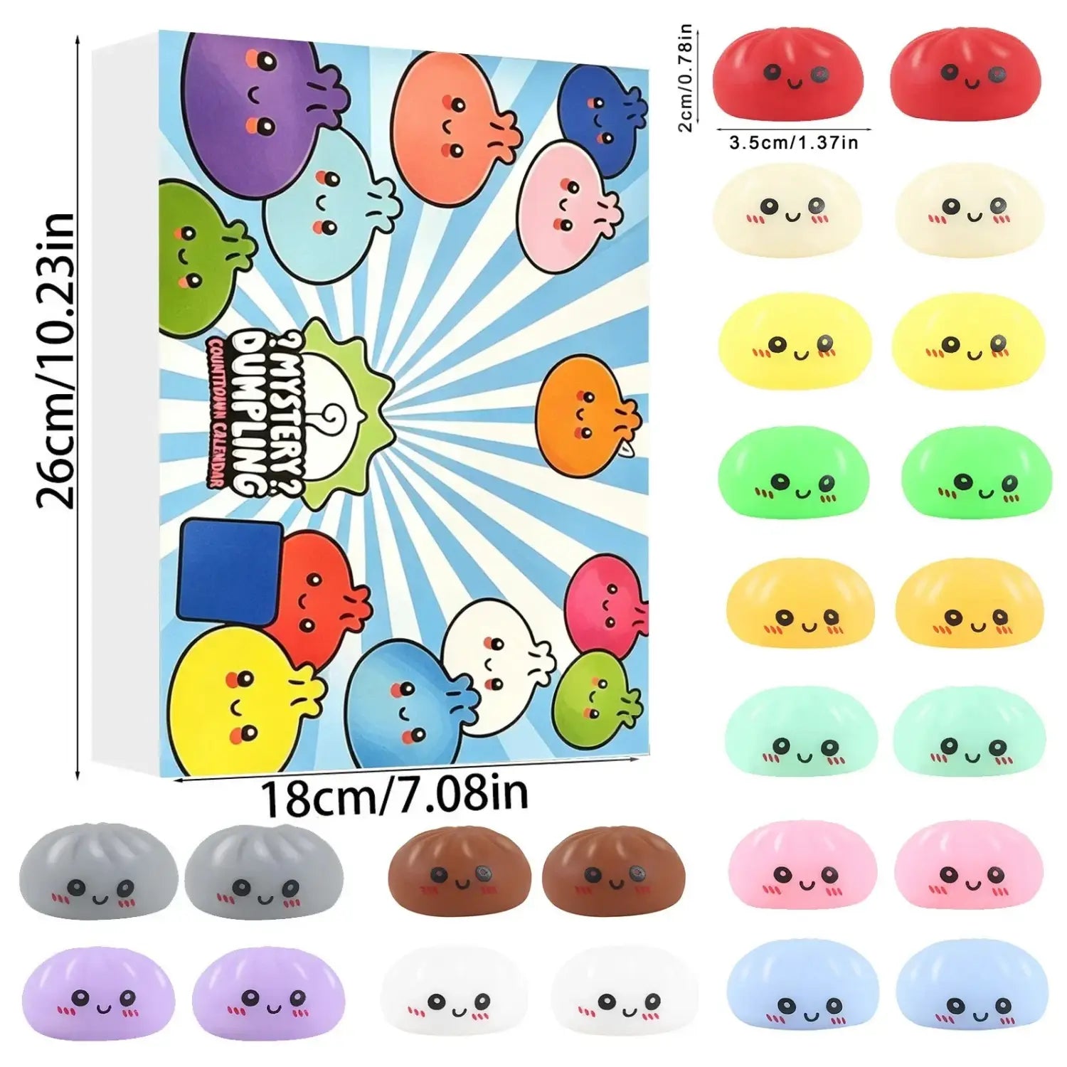 Ein farbenfrohes Set mit 24 niedlichen, knautschbaren Knödel-Squishies in verschiedenen Pastell- und lebhaften Farbtönen, dargestellt im Adventskalender „Dumpling Squishies“, 24 Stk.