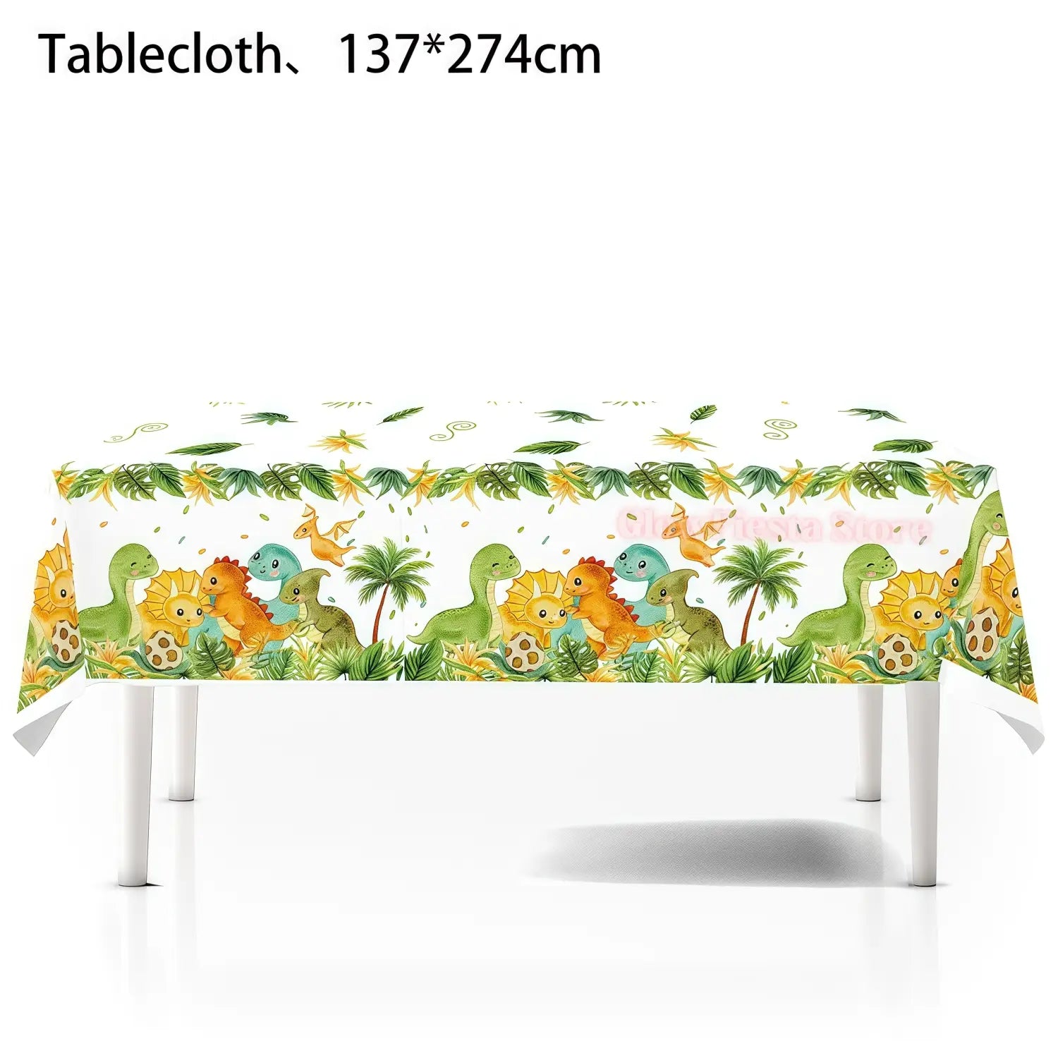 a vibrant dinosaur birthday tablecloth featuring green and orange cartoon dinosaurs with tropical foliage on a white background for party decoration