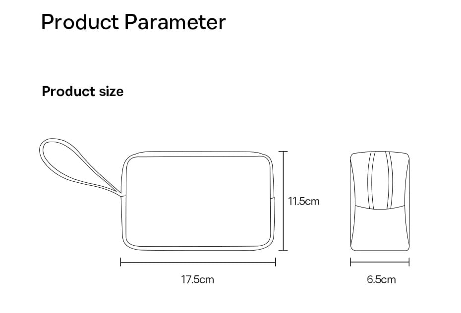 Eckige kompakte graue Reiseorganizer-Tasche für elektronische Zubehörteile aus PU-Leder mit Handgurt, Maß 17,5 cm mal 11,5 cm.