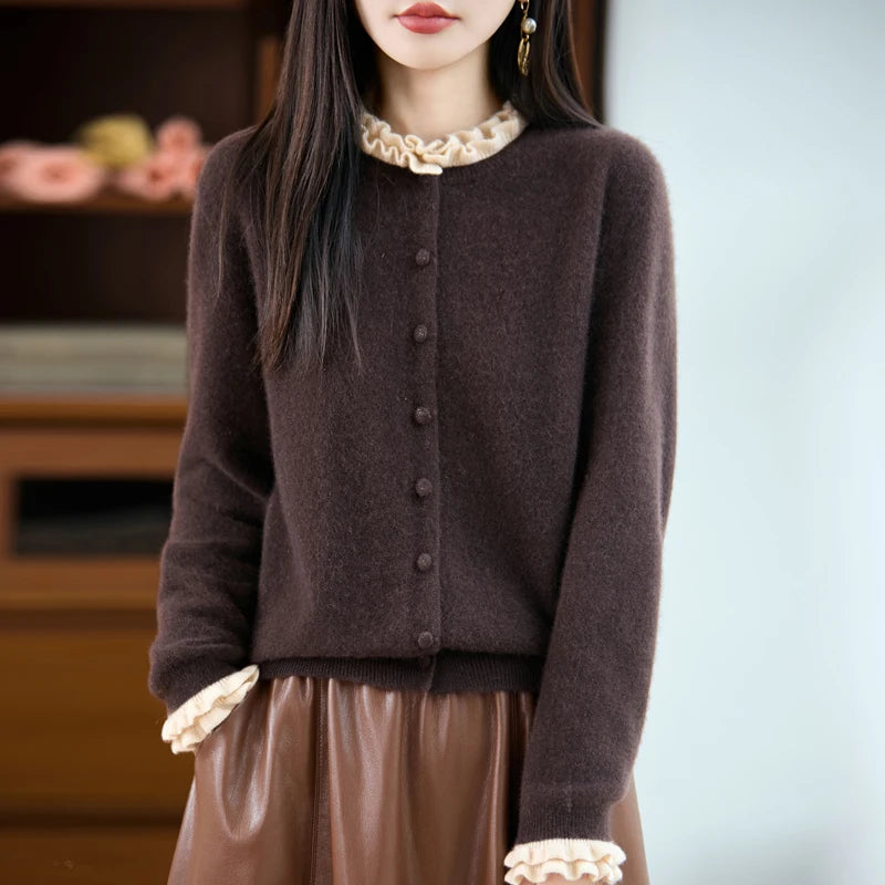 Fashion Women Wool Cardigan Sweater Soft Grace Fringe collar 100% Merino Wool Knitwear Female Spring Autumn Winter Clothes Tops