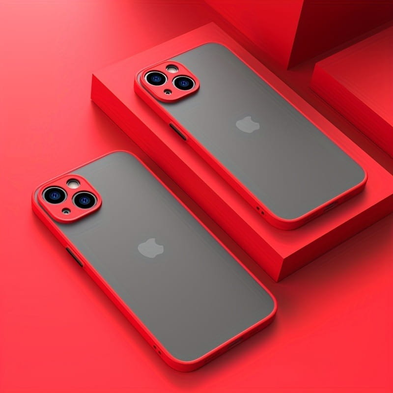 Carcasa transparente para iPhone 13 con armadura translúcida y resistente a impactos, con marco rojo, que muestra el reverso de la carcasa transparente del teléfono.