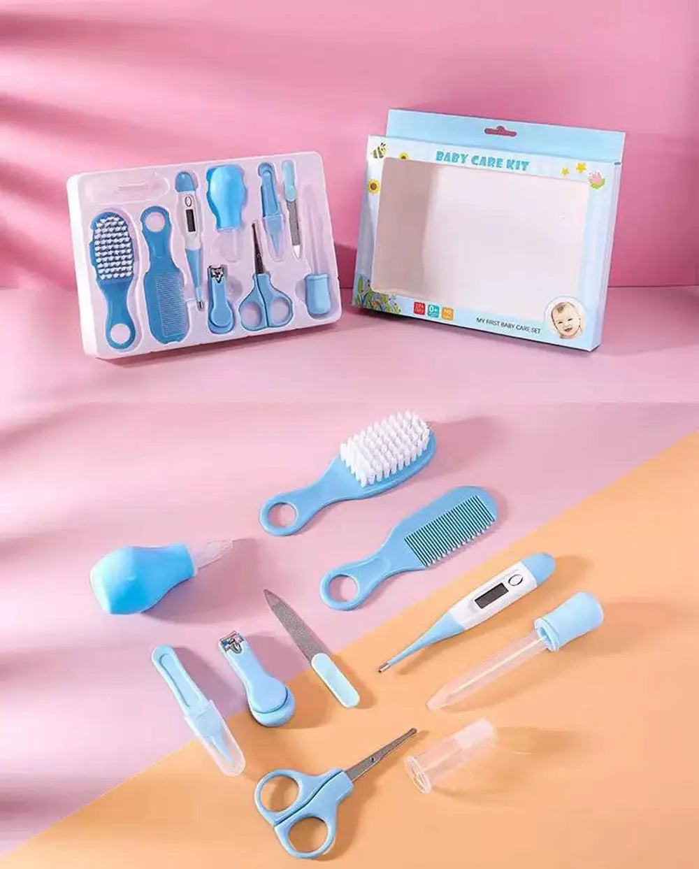 Blue plastic baby healthcare and grooming kit featuring assorted grooming tools and a digital thermometer for infant care.