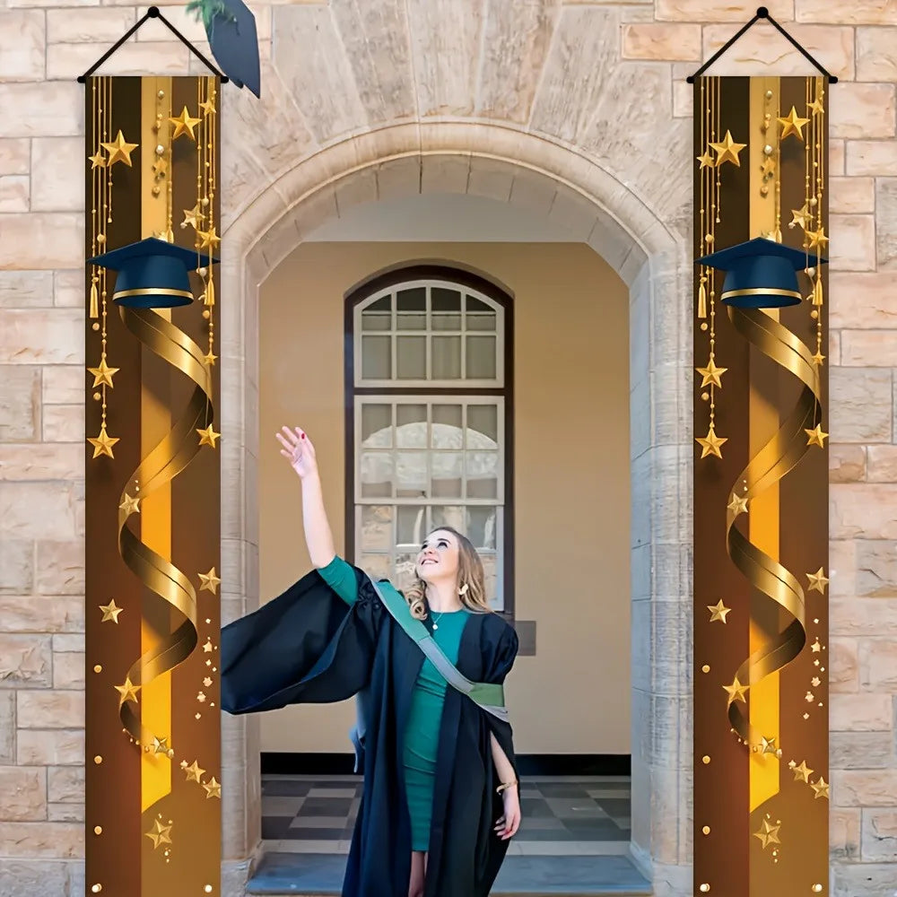 Graduation Porch Banner, Blue Gold Grad Cap & Star Curtain for Class of 2026 Graduation Party Front Door Decor