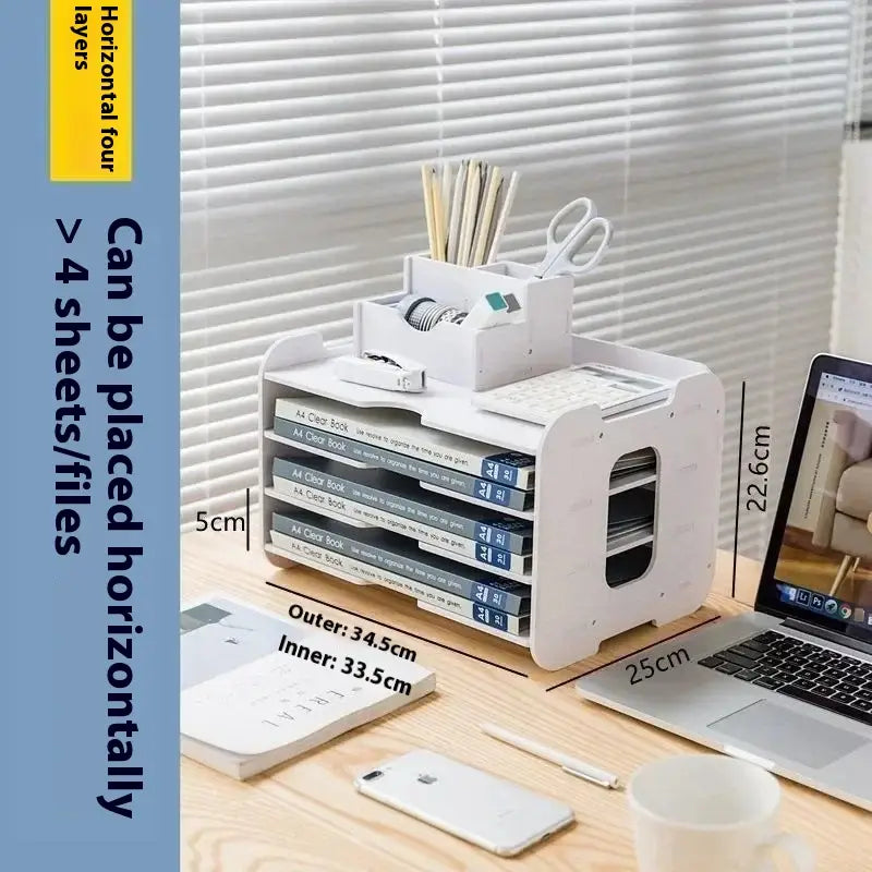 White plastic desktop file organizer and storage rack with four horizontal layers for holding A4 sheets or files.