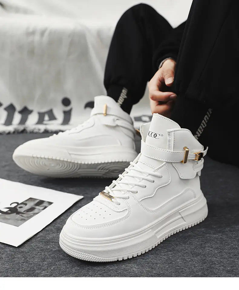Men white high top sneakers with gold tone metal buckle accents and chunky sole designed for casual wear.