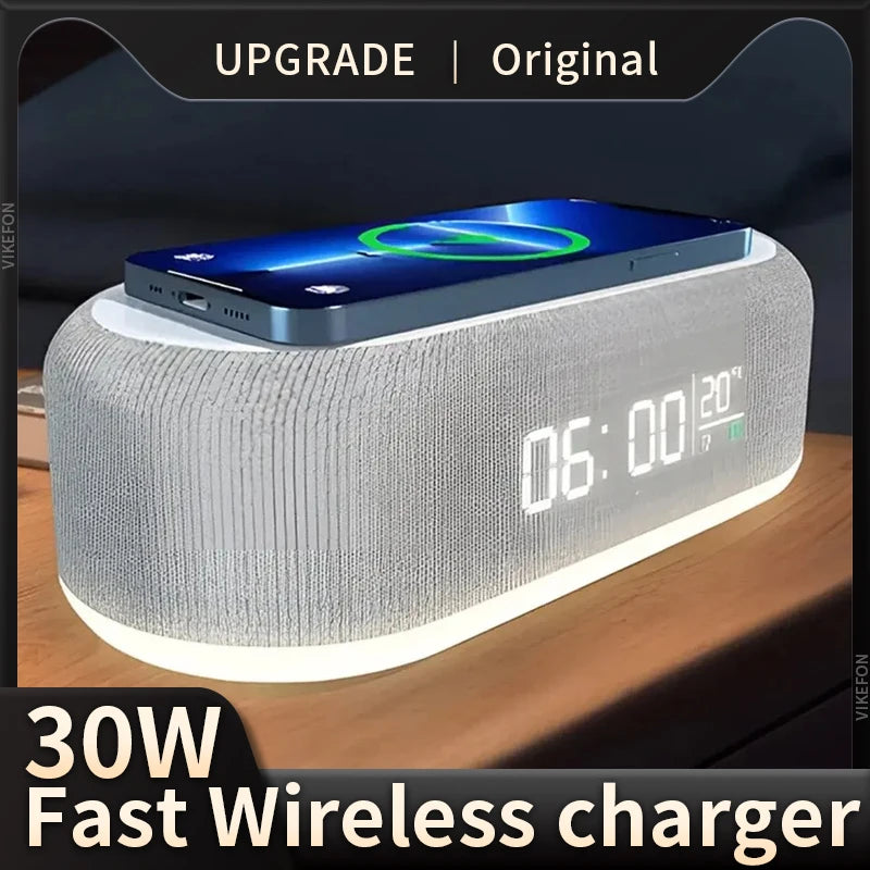 30W Wireless Chargers Pad Stand Phone Fast Charging Dock Alarm Bedroom Lamp Night Light Desktop Clock Temperature Thermometer