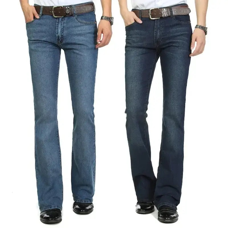 Men black flare denim jeans slim fit trousers with blue denim flare jeans featuring a classic five-pocket design and brown leather belts.
