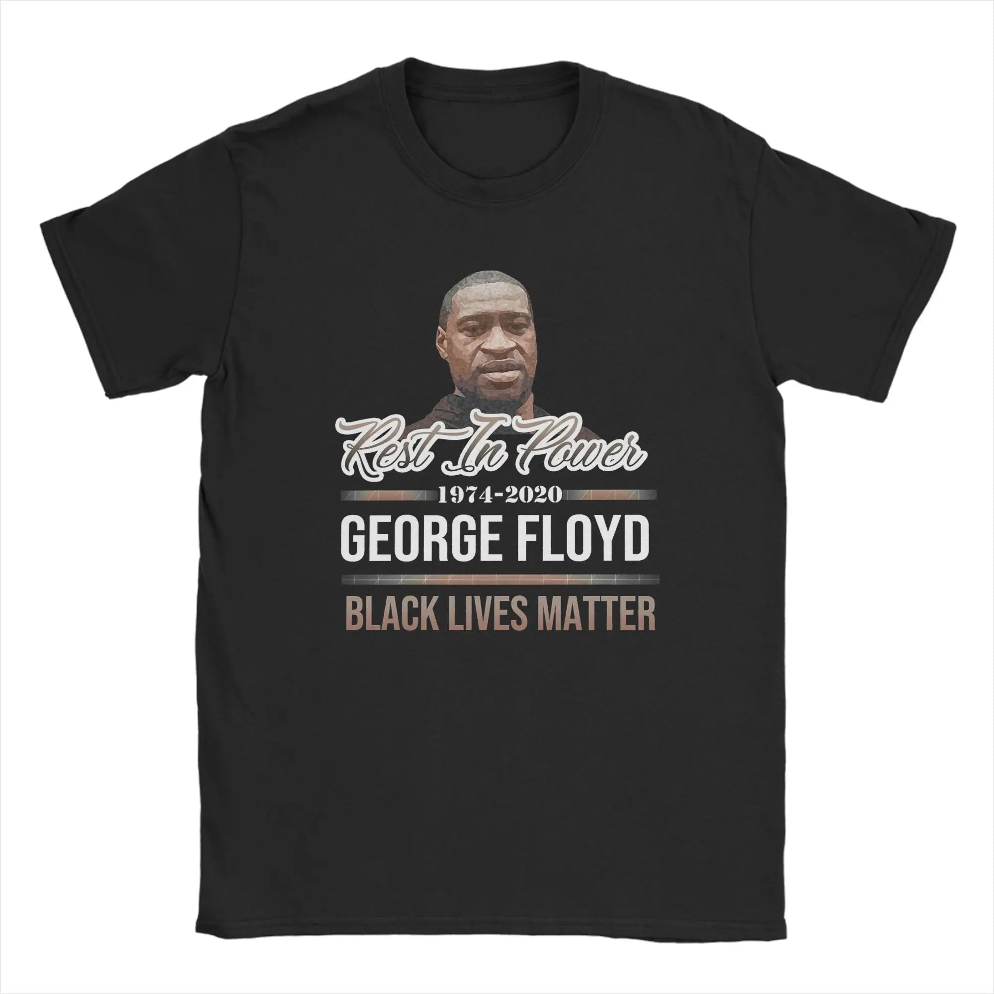 Schwarzes Baumwoll-T-Shirt mit einem Porträt von George Floyd sowie „Rest in Power“ 1974–2020 George Floyd Black Lives Matter, in Weiß und Beige gedruckt.