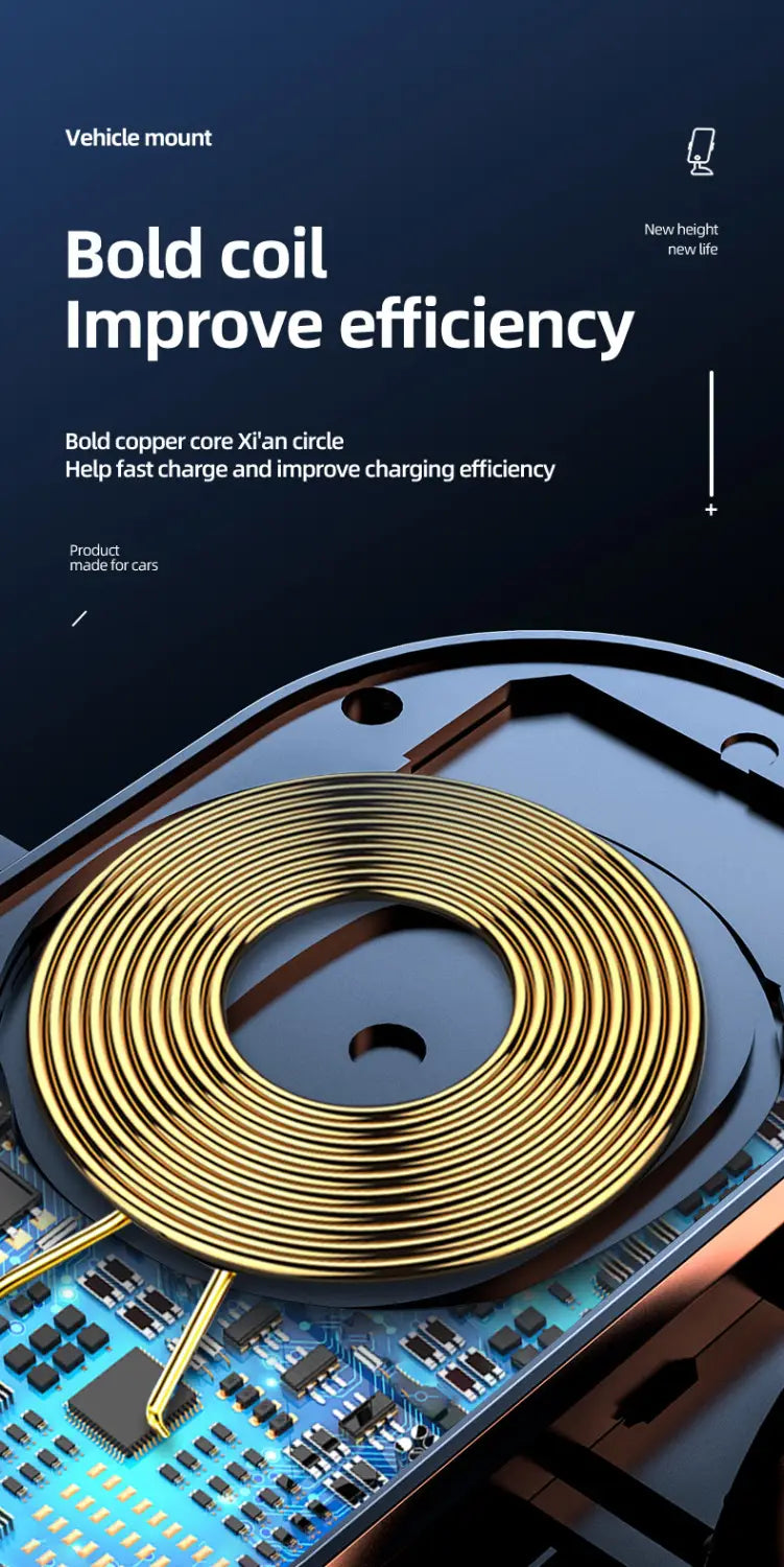 Gold-colored bold copper coil core of a car wireless charger and fast charging mount for vehicle use.