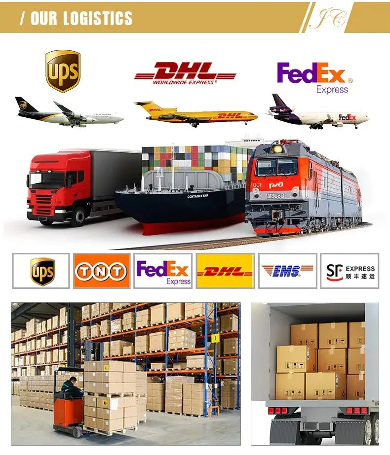 The image shows a collage of logistics logos including ups dhl fedex tnt ems and sf express alongside a 100w 20000mah laptop power bank fast charger designed for efficient device charging.