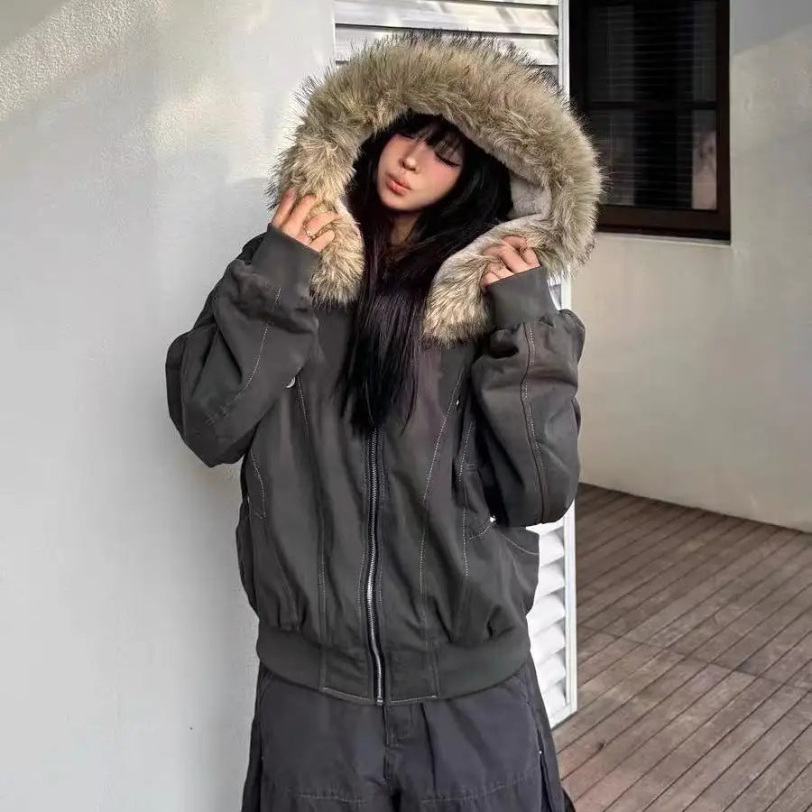 Winter Jackets Fur Collar Parkas Women Vintage Thicken Fleece Warm Jackets Streetwear Harajuku Hip Hop Padded Y2K Chic Outwear
