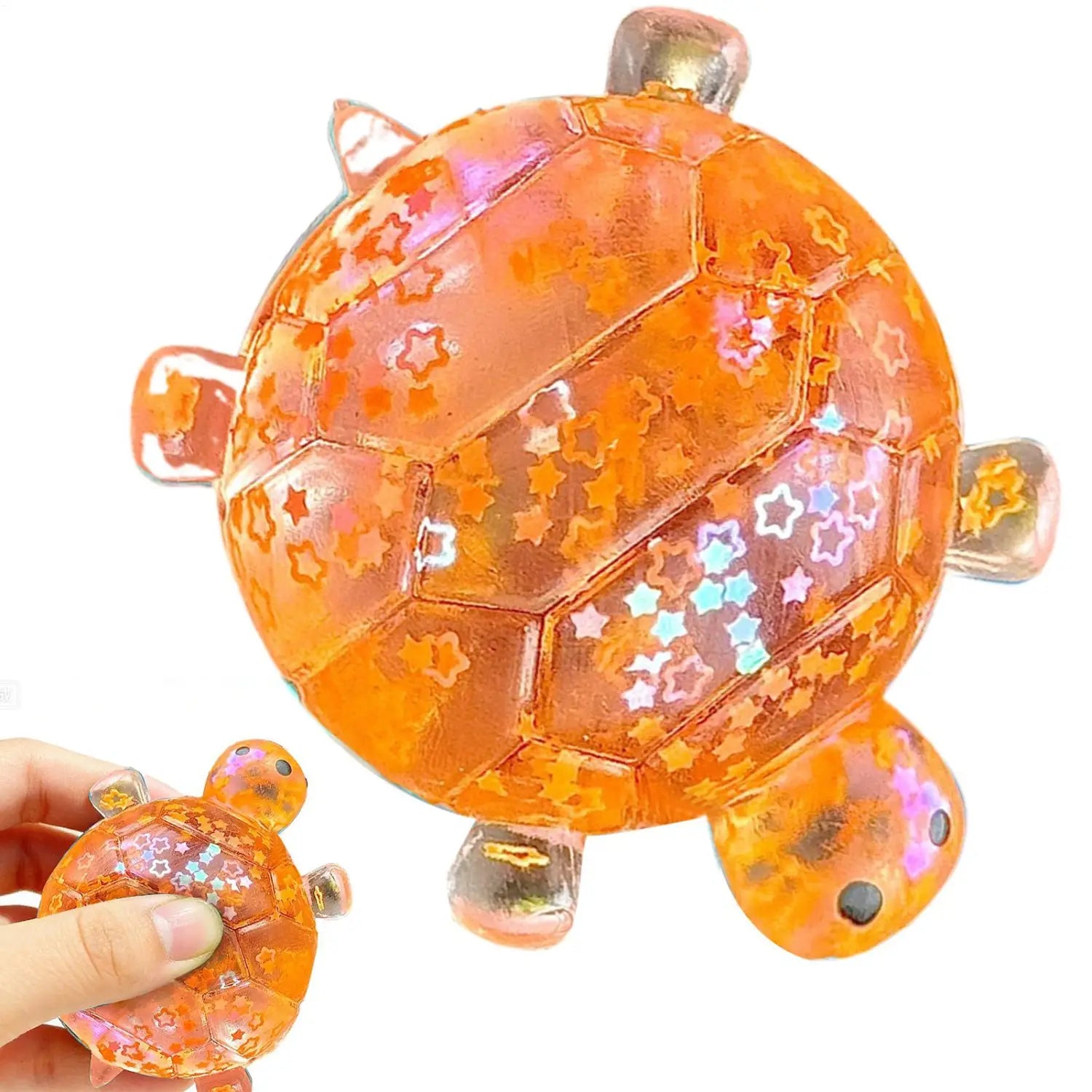 orange translucent turtle shape squeeze toy made of soft material with embedded star glitter and metallic accents designed as a sensory fidget squeeze toy