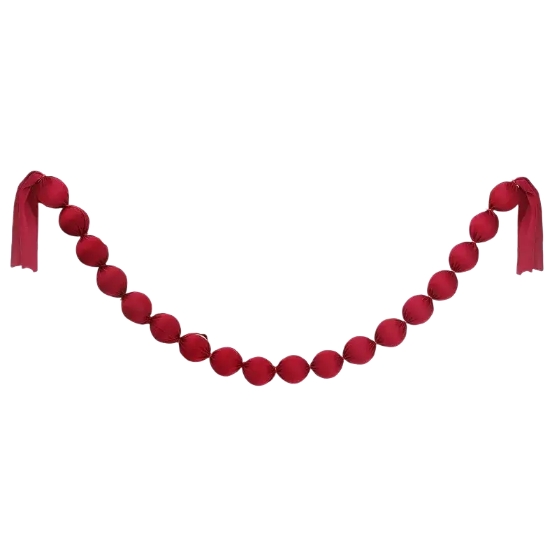 Burgundy velvet ball garland with ribbon ties at each end shown front view for Christmas decoration