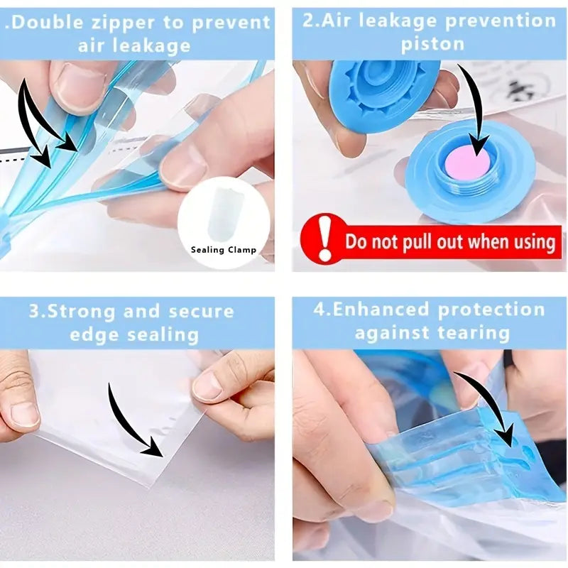 Piston en plastique bleu anti-fuite d’air avec un élément d’étanchéité rose à l’intérieur, présenté dans des sacs de rangement sous vide pour vêtements et linge de lit, conçu pour les sacs de rangement et les vêtements de bébé
