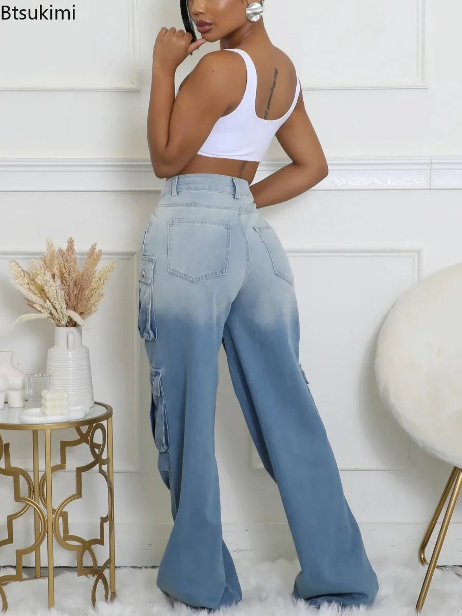 New Women's Casual Multi-pockets Denim Pants Spring Fashion High Waist Wide Leg Jeans Hip Hop Streetwear Females Baggy Trousers