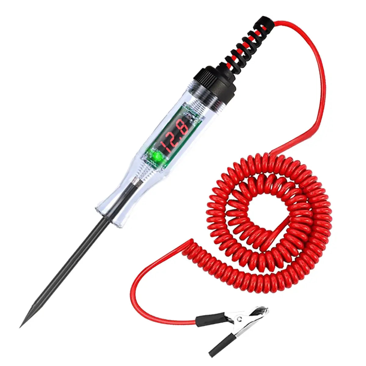 Automotive digital voltage circuit tester pen with red coiled cable black alligator clip and transparent digital probe displaying 12.8 volts featuring green led indicator and metallic tip for automotive battery testing.