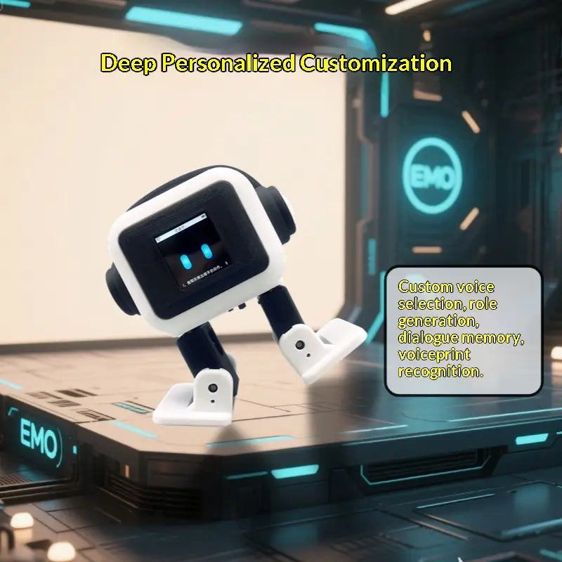 Ai smart companion robot toy in white and black with a square head, glowing blue eyes on its screen, and articulated limbs.