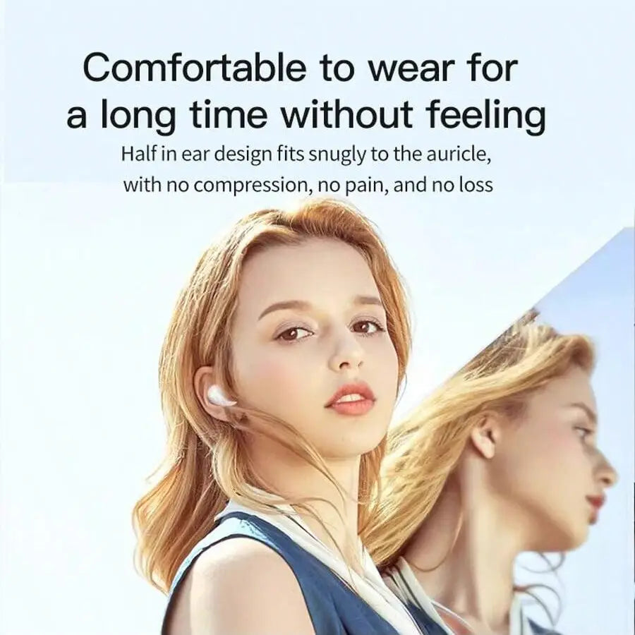 white half-in-ear wireless sleeping earbuds with a sleek ergonomic design for comfortable long-term wear and a charging case