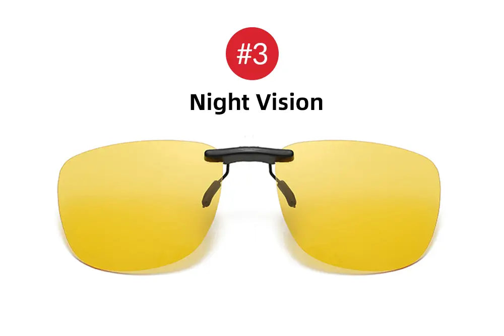 yellow-tinted night vision polarized clip-on sunglasses with a black frame designed for enhanced nighttime visibility