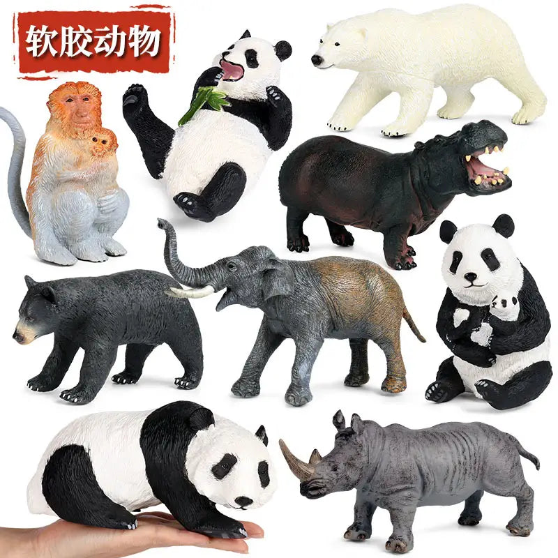 Set of finished goods soft silicone animal figurine decompression toys featuring realistic textures and colors including pandas polar bears hippos elephants rhinos and monkeys.