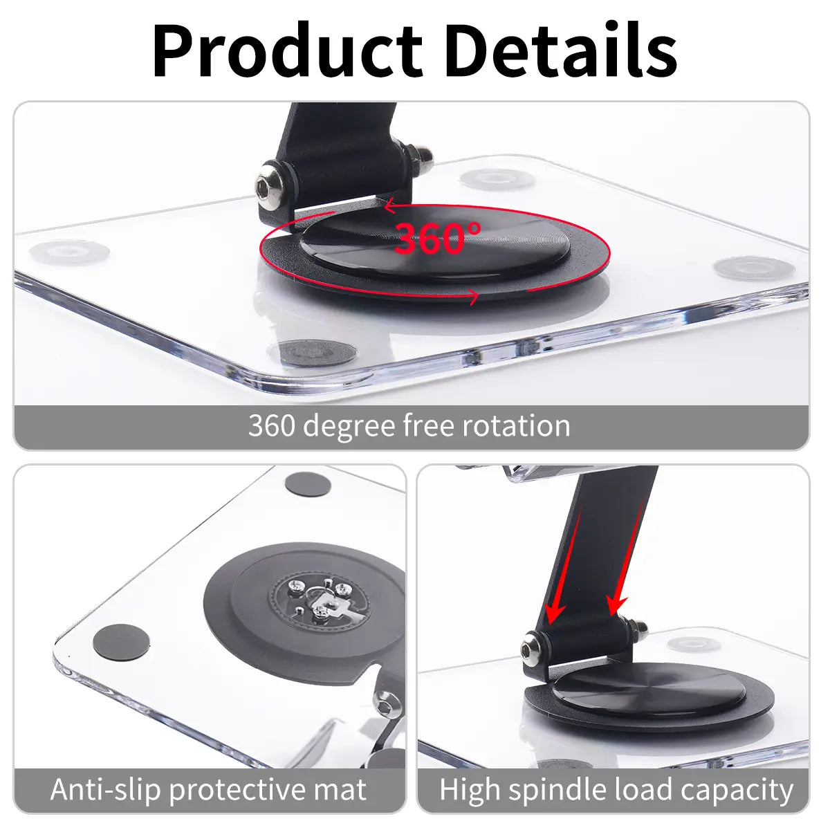 Black acrylic tablet stand with 360-degree rotation, clear acrylic base, and anti-slip protective mat designed for heat dissipation.