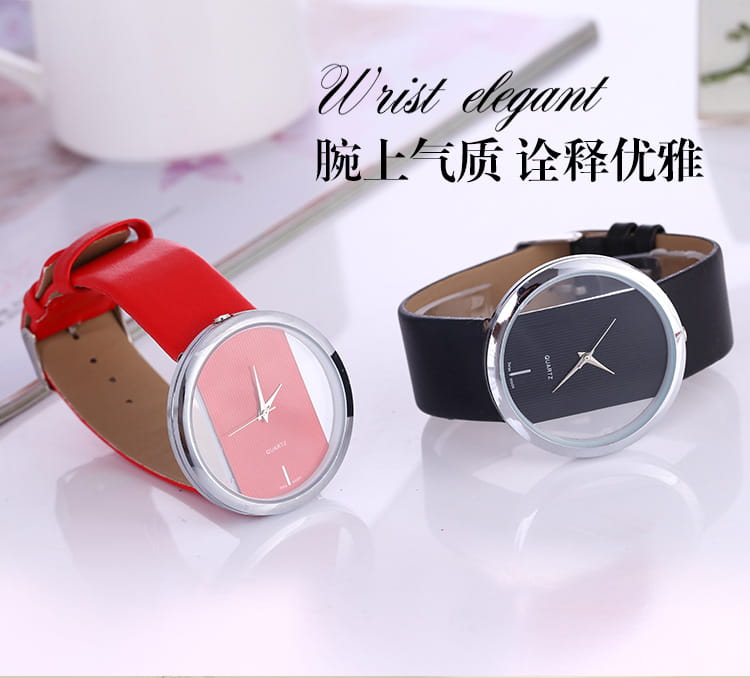 Women luxury leather quartz watches featuring transparent dials with red and black leather straps and minimalist round faces in pink and black color schemes respectively.