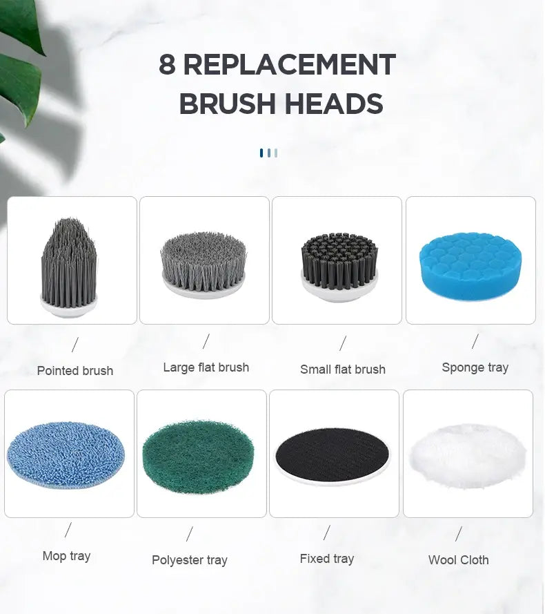 Lot de huit têtes de brosse de remplacement pour brosse électrique à rotation, avec brosses à brins gris et plateaux d’éponges colorés en bleu, vert, noir et blanc.